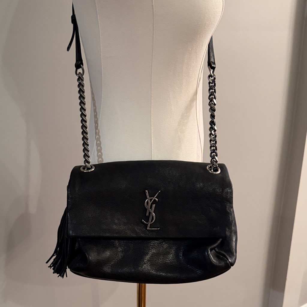 Authentic Saint Laurent Black Leather Shoulder Bag With Chain Strap